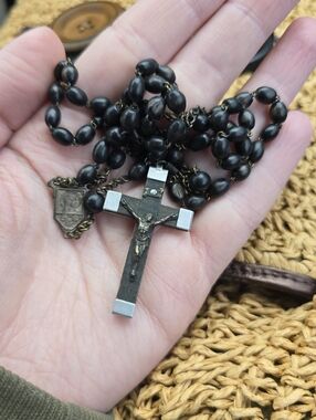 Vintage Catholic Rosary Black Acrylic Wood Beads Mother Mary Crucifix Italy